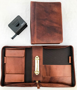 Bridge Brown Zipped Leather Binder - A5 size AND Desk 2 Hole Punch, 22 sheet capacity